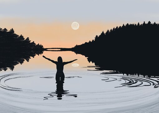 Silhouette of solo female person taking a night bath in a lake with moon - peaceful skinny dipping