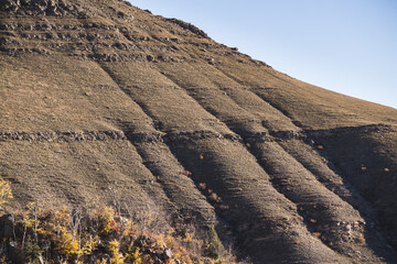 The slope of the mountain with rocks overgrown with yellow grass and the vegetation of shrubs that went down in autumn, autumn morning in the mountains