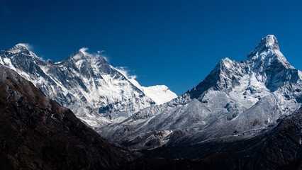 Fototapeta na wymiar The Himalayas showing Mount Everest, Lhotse and Ama Dablam