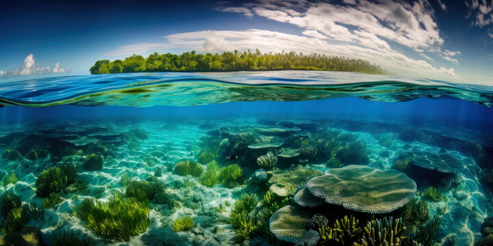 Karibik Insel aus Sicht eines Schnorchlers im Meer mit Riff und Korallen S&uuml;dsee Malediven Seychellen (Generative AI) Digital Art Kunst Hintergrund Wandbild Cover Magazin