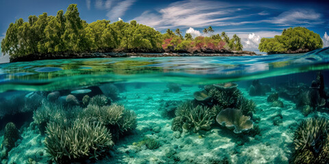 Karibik Insel aus Sicht eines Schnorchlers im Meer mit Riff und Korallen Südsee Malediven Seychellen (Generative AI) Digital Art Kunst Hintergrund Wandbild Cover Magazin