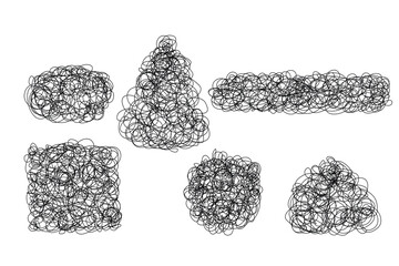 Set of chaos patterns Chaotic tangled stripes. Intricate textures. lines and waves. Art creation. dinamic scrawls scribbles. Hand drawing random chaotic lines. Insane tangled scribble clew