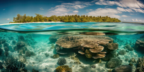 Karibik Insel aus Sicht eines Schnorchlers im Meer mit Riff und Korallen Südsee Malediven Seychellen (Generative AI) Digital Art Kunst Hintergrund Wandbild Cover Magazin