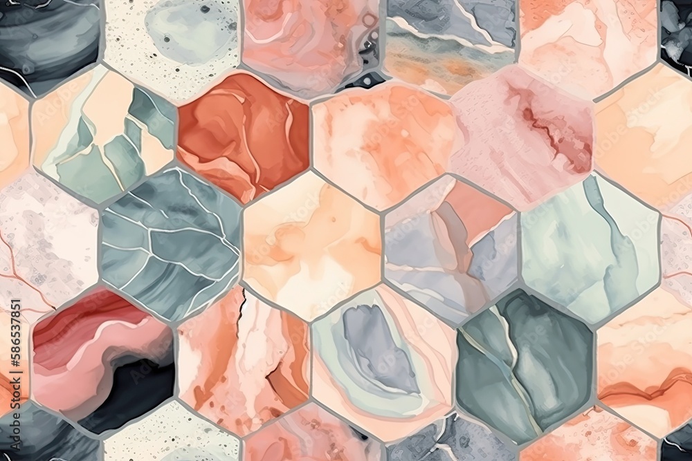 Poster colorful hexagonal pattern with various shapes. generative ai
