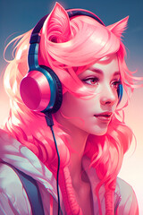 Beautiful cat girl with a pink hair and headphones on her head. AI generated.