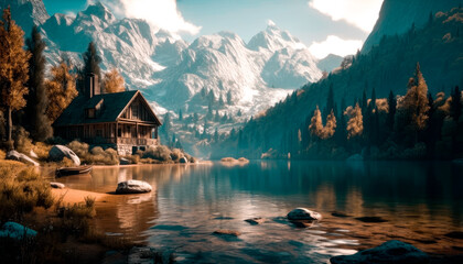 The old house is at the foot of the high mountains by the lake. AI generated.