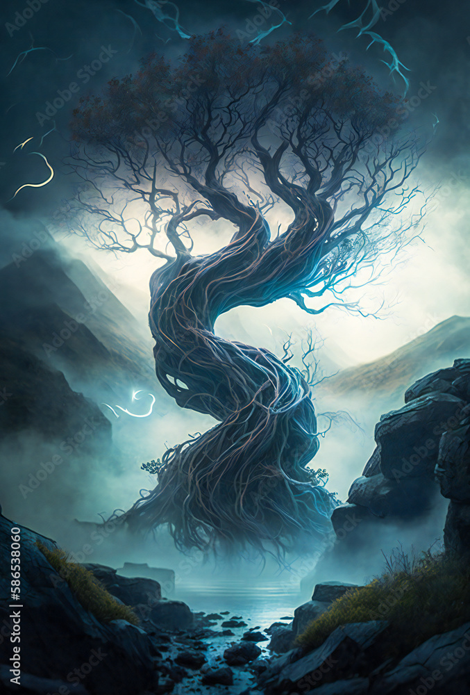 Poster a twisted dried tree trunk in a dark, misty, mysterious place. created with generative ai technology