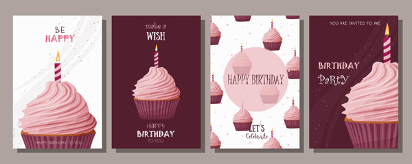 Set of cards with cupcakes. Delicious cupcakes with cream. Birthday cards. Save the date. Invitation to a holiday