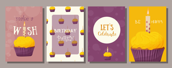 Set of cards with cupcakes. Delicious cupcakes with cream. Birthday cards. Save the date. Invitation to a holiday