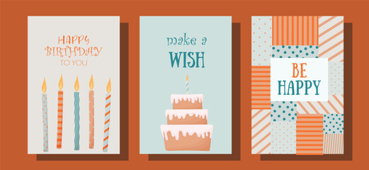 A set of children's postcards. Birthday cards with candles and cake. Children's birthday. Save the date