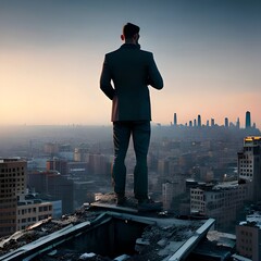 A man standing on the rooftop of a crumbling skyscraper, looking out at the city lights