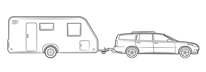 Station wagon car with camping trailer vector stock illustration.