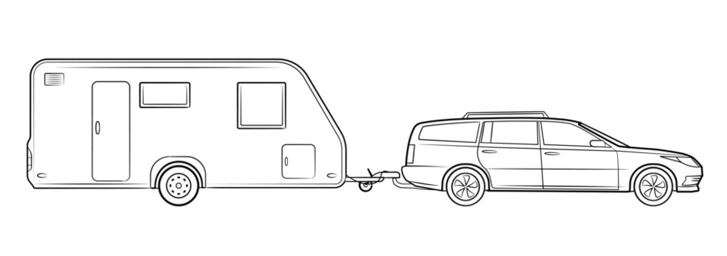 Station wagon car with camping trailer vector stock illustration.