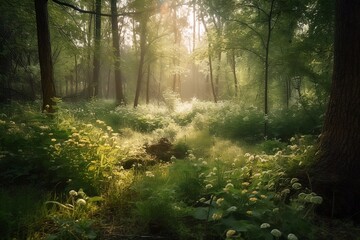 Green Summer Panorama: Forest Landscape with Trees, Nature Background and Sunshine