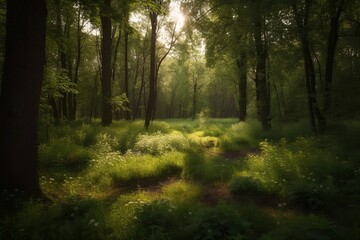 Obraz premium Green Summer Panorama: Forest Landscape with Trees, Nature Background and Sunshine