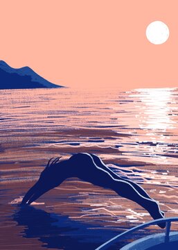 silhouette of female person jumping from a boat into the ocean - skinny dipping header with sunset color pencils illustration