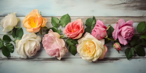 Obraz na płótnie Canvas Roses On Pastel Colored Wooden Table Background | Generative AI Artwork
