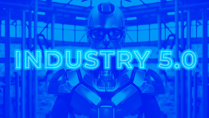Fototapeta premium Industry 5.0. Illustration with the concept industry 5.0 illustrated by a Cyborg composed of organic elements and cybernetic devices with an industrial background. Industry 5.0 banner