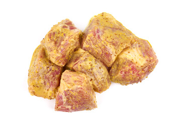 Raw pork skewers, ready to cook, kebab BBQ, isolated on white background.