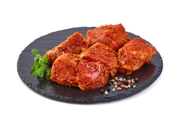 Pork kebab, ready to cook, BBQ, isolated on white background.