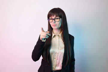 Beautiful female chatbot in business look with glasses, pointing