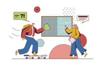 Back to school concept with character situation in flat design. Student with backpack and book hurries to lesson. Teacher explains topic at blackboard. Illustration with people scene for web