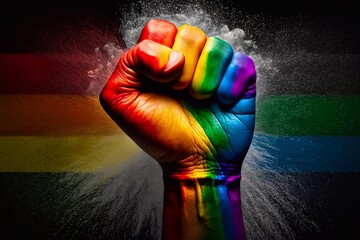 Rainbow colors painted hand raised making fist sign. Rainbow colors background. LGBT pride symbol. Generative AI
