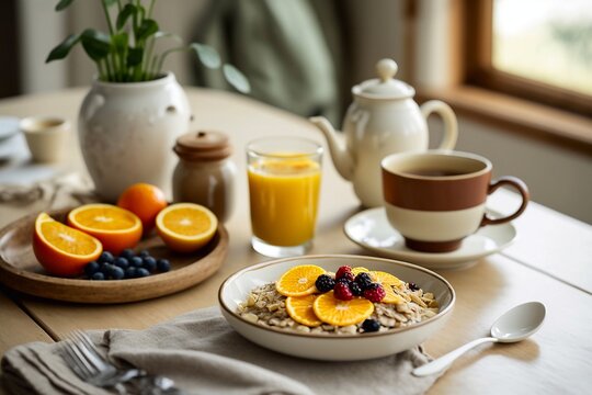 Healthy breakfast at the table in a bright kitchen. Generative AI