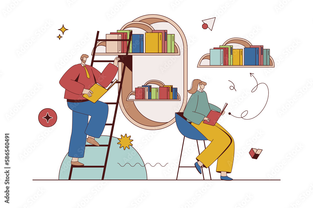 Poster cloud library concept with character situation in flat design. man and woman reading online books an