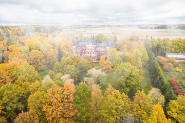 Obraz premium Loviisa, Finland - 7 October 2019: Aerial view of Manor House Malmgard in fog.