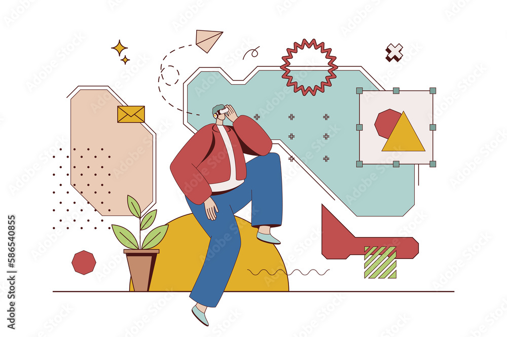 Aufkleber Cyberspace concept with character situation in flat design. Man in VR headset interacting with virtual augmented reality or gaming in cyber simulation. Illustration with people scene for web