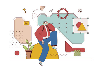 Cyberspace concept with character situation in flat design. Man in VR headset interacting with virtual augmented reality or gaming in cyber simulation. Illustration with people scene for web