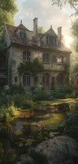 Fototapeta premium Surreal medieval stone mansion, concept Art, Generative AI