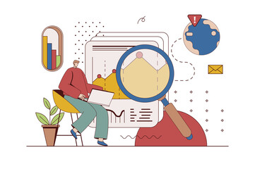 Global business strategy concept with character situation in flat design. Man explores international market trends, expands company with success planning. Illustration with people scene for web