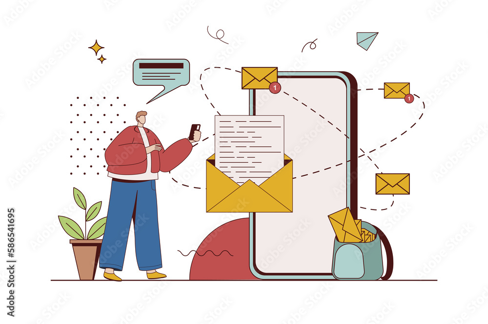 Aufkleber mobile email service concept with character situation in flat design. man reading promotional mails 