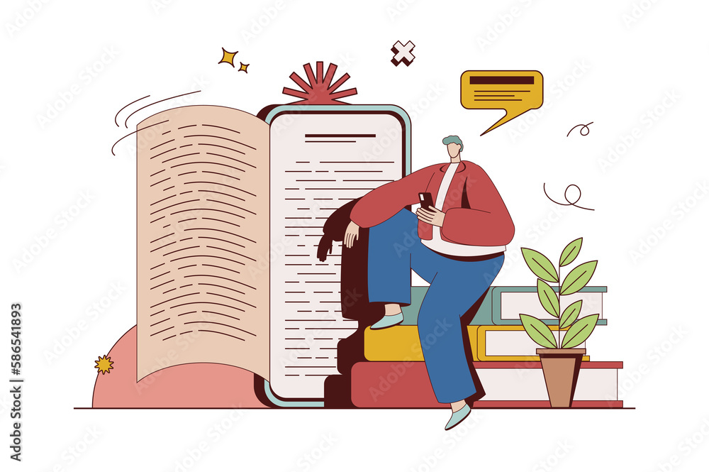 Aufkleber Online reading concept with character situation in flat design. Man reads e-book using mobile application. Reader studying electronic files on smartphone. Illustration with people scene for web