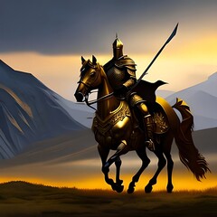 Fototapeta premium Digital illustration painting design style a golden knight and his horse walking to field of swords