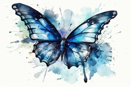 vibrant blue butterfly painted in watercolor. Generative AI