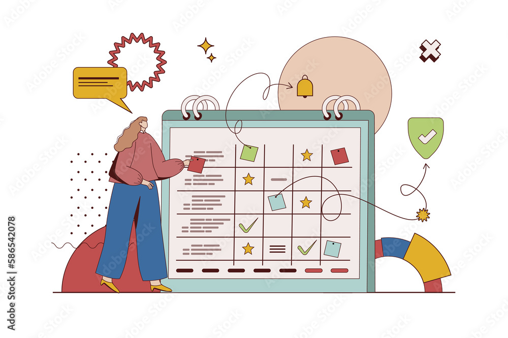 Fototapete planning concept with character situation in flat design. woman making to-do list, work tasks and bu