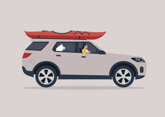 A young character traveling with their dog, a kayak boat fixed to a roof rack of the car, road trip