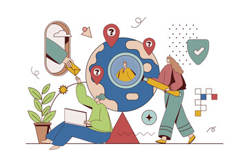 Outsourcing company concept with character situation in flat design. Women and men work remotely, receive tasks and do projects online using laptops. Illustration with people scene for web