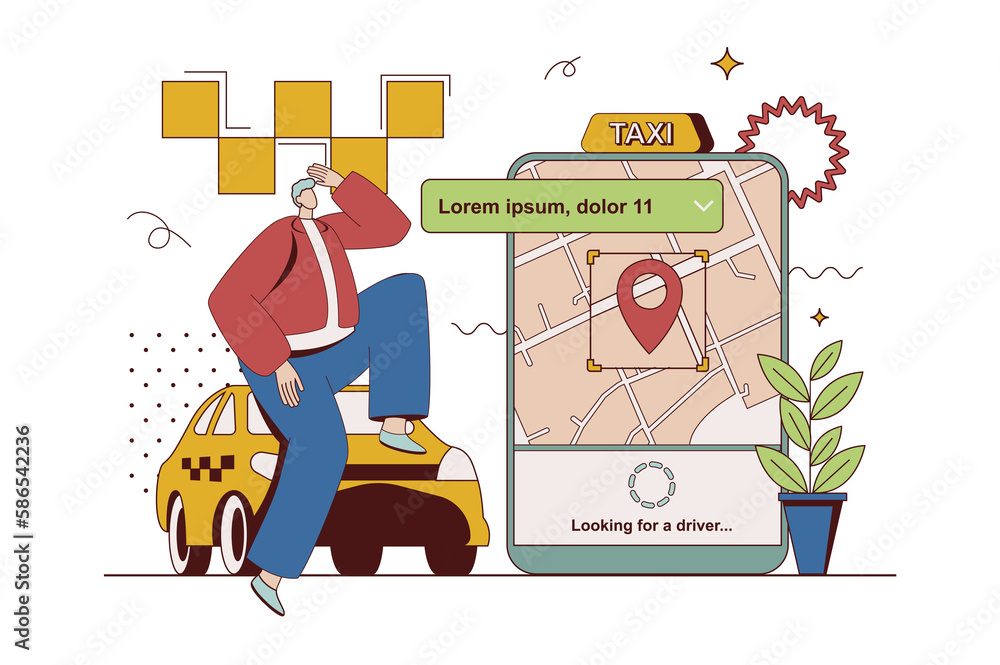 Poster taxi booking concept with character situation in flat design. man ordering car transfer and trekking