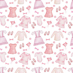 Watercolor seamless pattern. Hand painted illustration of children clothes: dress, t-shirt, shoes, bodysuit, bonnet. Girl clothes. Baby shower. Print on white background for fabric textile, packaging