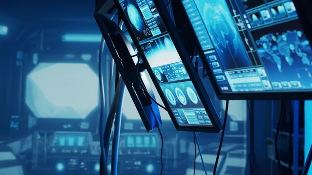 Futuristic spaceship control panel interface. Spacecraft digital dashboard background with indicators and tools. The concept of space exploration and science.