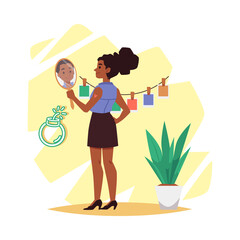 Confident african american woman with mirror flat illustration isolated.