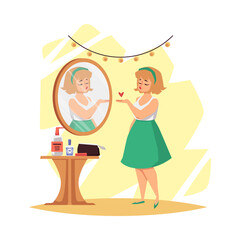 Woman satisfied with her appearance in mirror flat illustration isolated.
