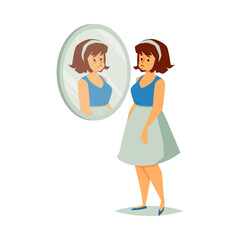 Overweight woman disappointed with appearance, flat illustration isolated.