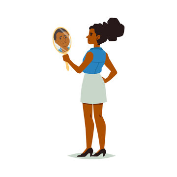 Woman looking in mirror with self hate, negative self acceptance and assessment.