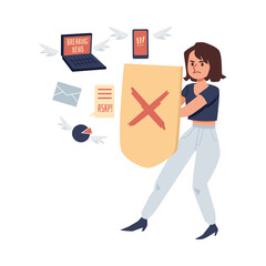 Woman reflecting attack of news flow, cartoon flat illustration isolated.