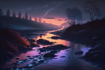 Fototapeta na wymiar Sunset landscape with glowing river. Generative AI